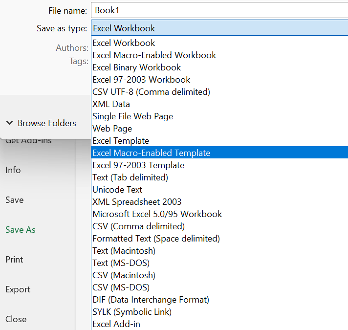 매크로가 있는 템플릿의 경우 Excel 매크로 사용 가능 템플릿(.xltm) 형식을 선택합니다