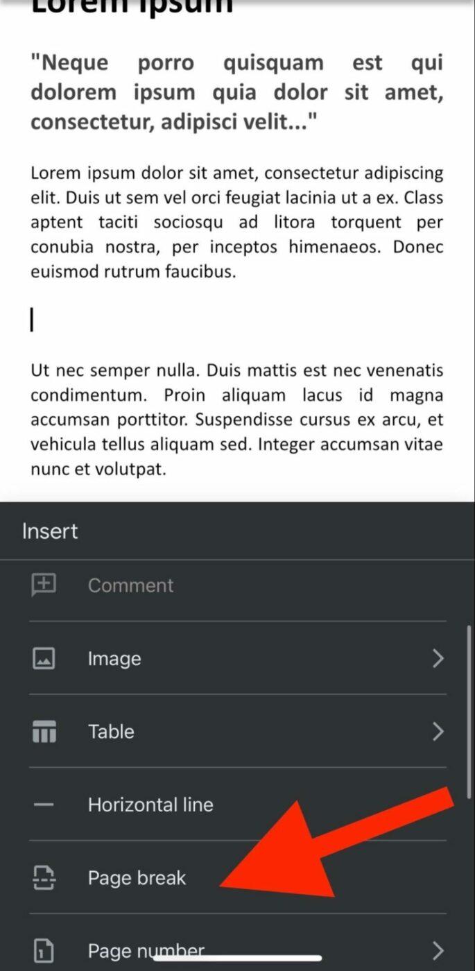 Clique em "Quebra de página" para adicionar uma nova página no Google Docs