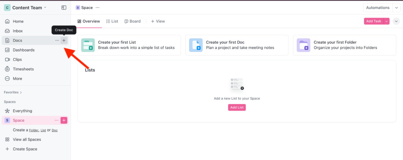 Click the ‘+ Create Doc’ button to create a new document in your ClickUp Workspace