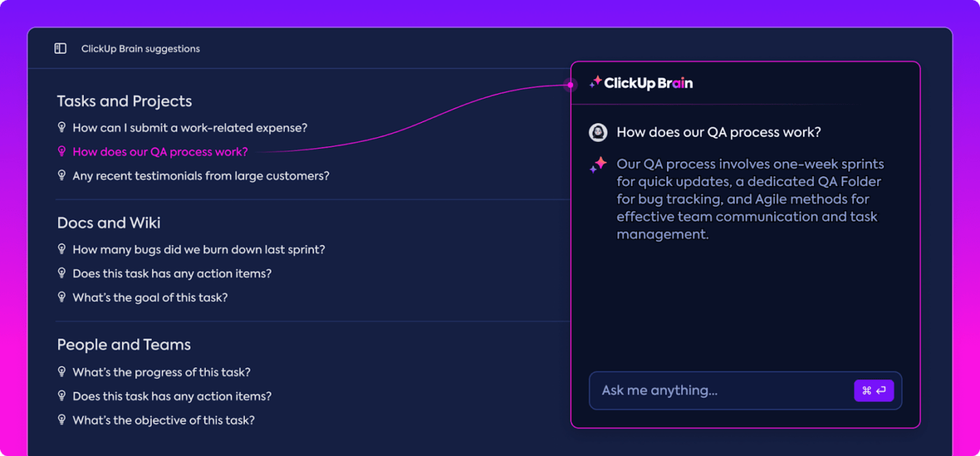 ClickUp Brain is a content generator and assistant that will help you get your work done faster  