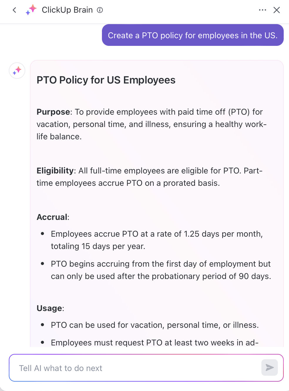 Use ClickUp Brain to draft a PTO policy