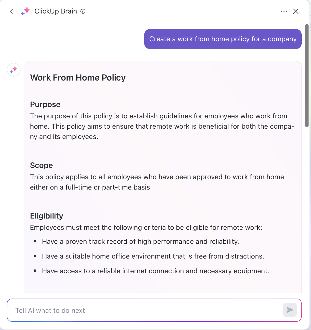 Gunakan ClickUp Brain untuk membuat kebijakan perusahaan