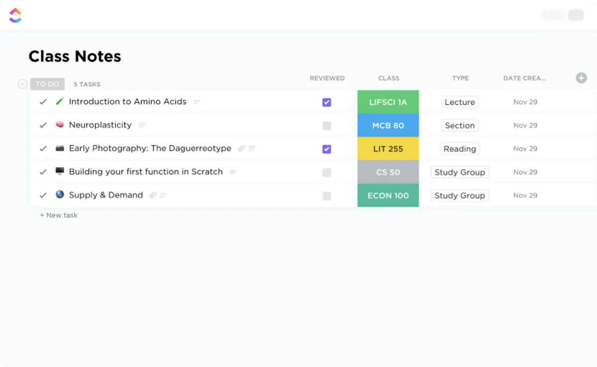 Modèle de notes de cours ClickUp