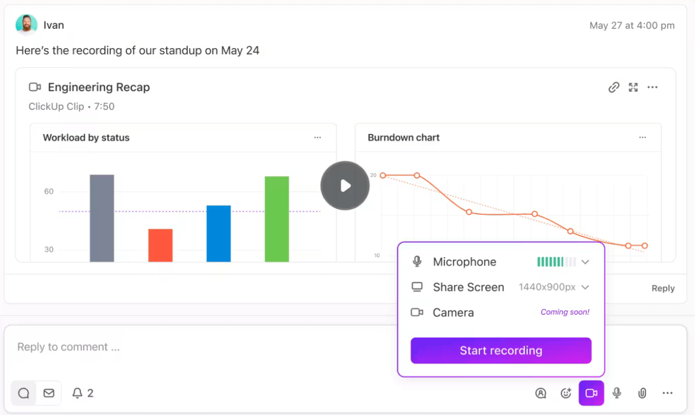 Partagez vos enregistrements avec vos coéquipiers à l'aide de ClickUp Clips