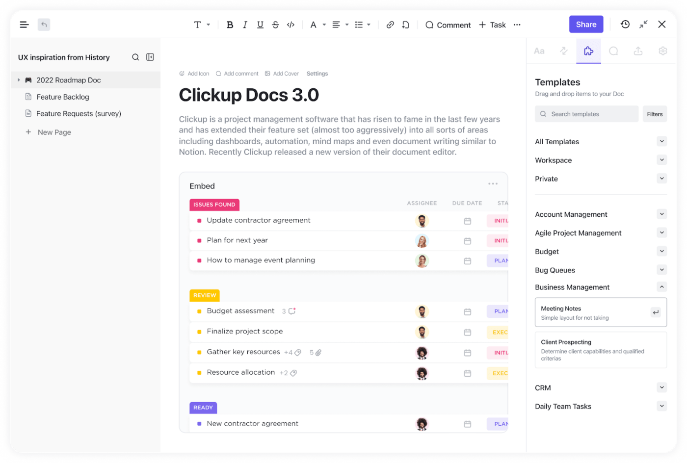 ClickUp Docs to add questions for messaging a hiring manager