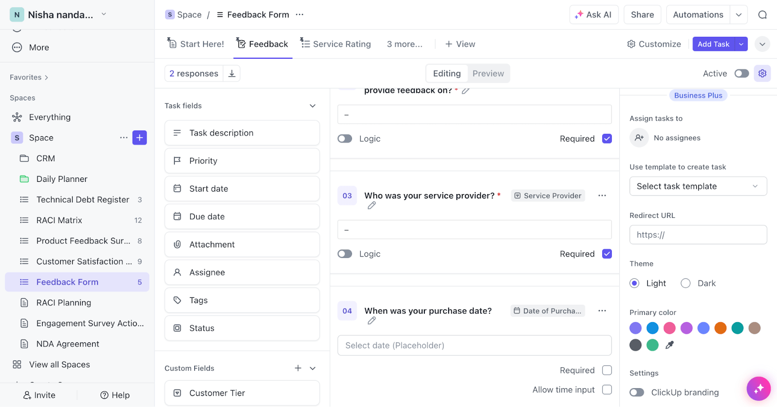 Capture dados quantitativos e qualitativos com o modelo de formulário de feedback do ClickUp