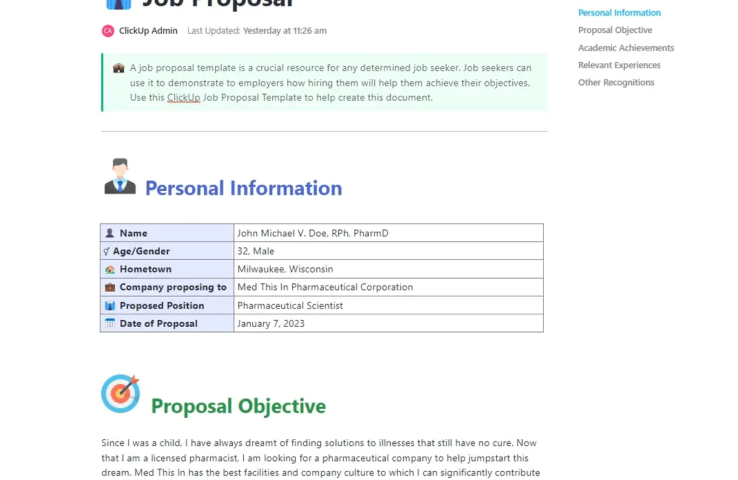 Wysyłaj atrakcyjne wizualnie i uporządkowane oferty pracy za pomocą szablonu ClickUp Job Proposal Template