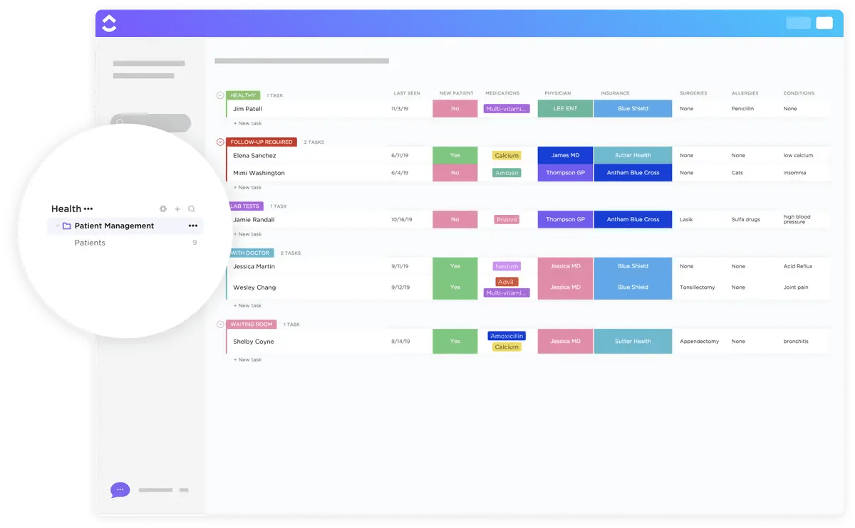 Modèle de gestion des patients ClickUp