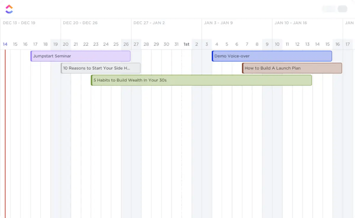 ClickUp Timeline view displaying scheduled tasks and project timelines across weeks for better workload and deadline management.