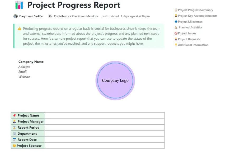 Szablon raportu z postępów projektu ClickUp