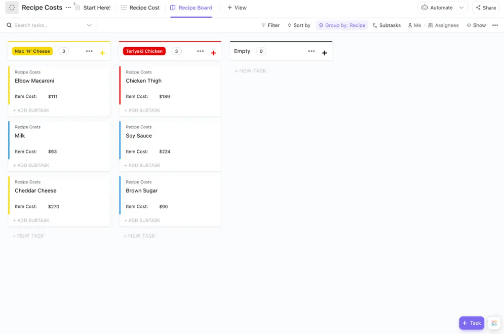 ClickUp 레시피 비용 템플릿