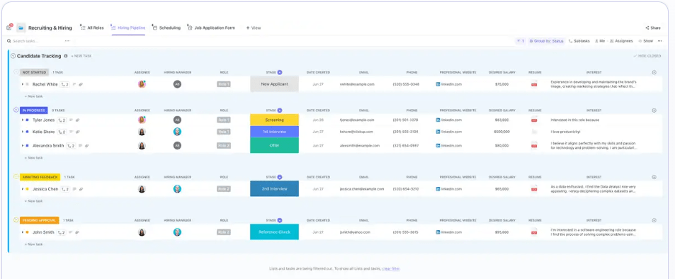 Transforme su proceso de adquisición de talento con la plantilla de selección y contratación ClickUp