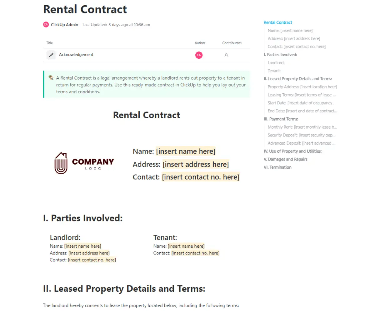 ClickUp Rental Contract Template