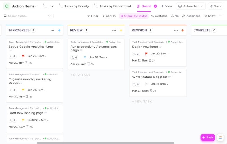 Screenshot of a task management board showing tasks organized into In Progress, Review, Revision, and Complete columns.