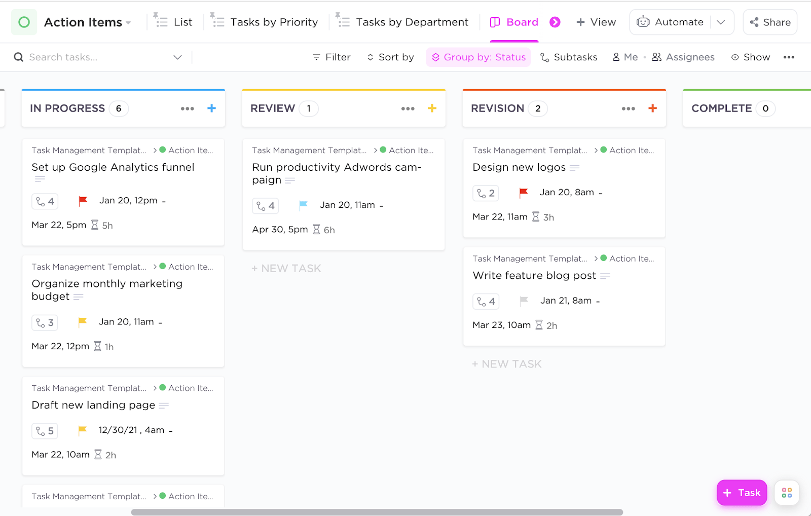 Screenshot of a task management board showing tasks organized into In Progress, Review, Revision, and Complete columns.