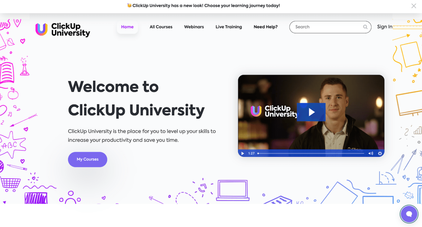 La pagina iniziale della ClickUp University