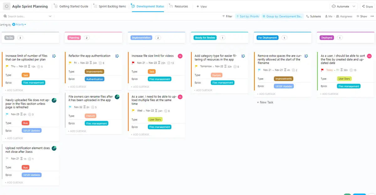 ClickUp's Agile Sprint Planning Template ist ein weiteres Kanban Board Beispiel für Software Teams