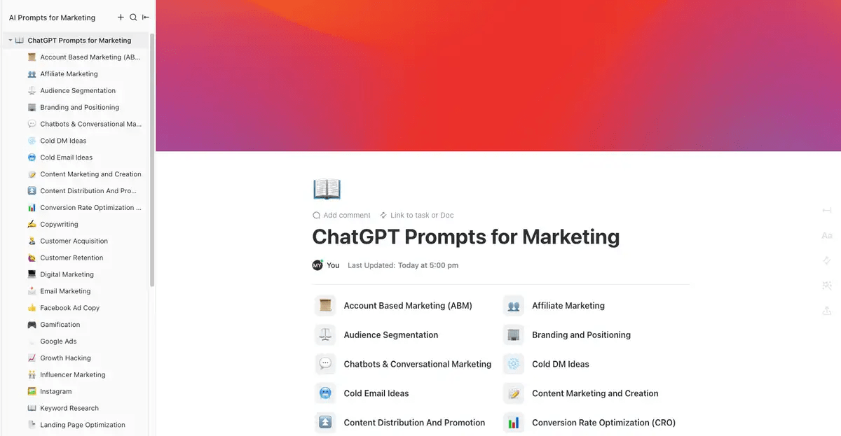 Wykorzystaj podpowiedzi ChatGPT w swoich kampaniach marketingowych dzięki szablonowi ClickUp ChatGPT Prompts for Marketing Template