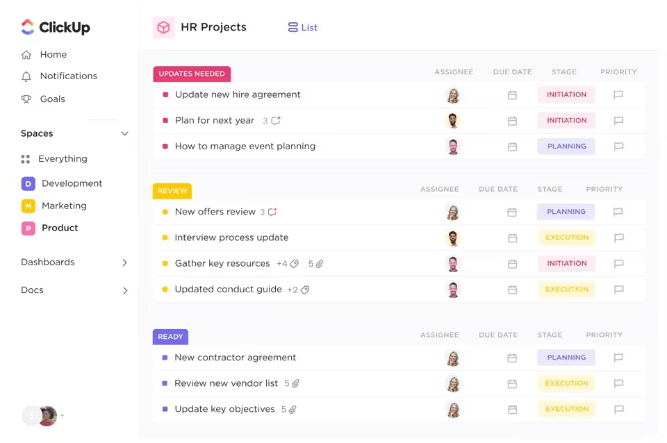 Les tâches ClickUp pour garder une trace de vos questions d'entretien téléphonique