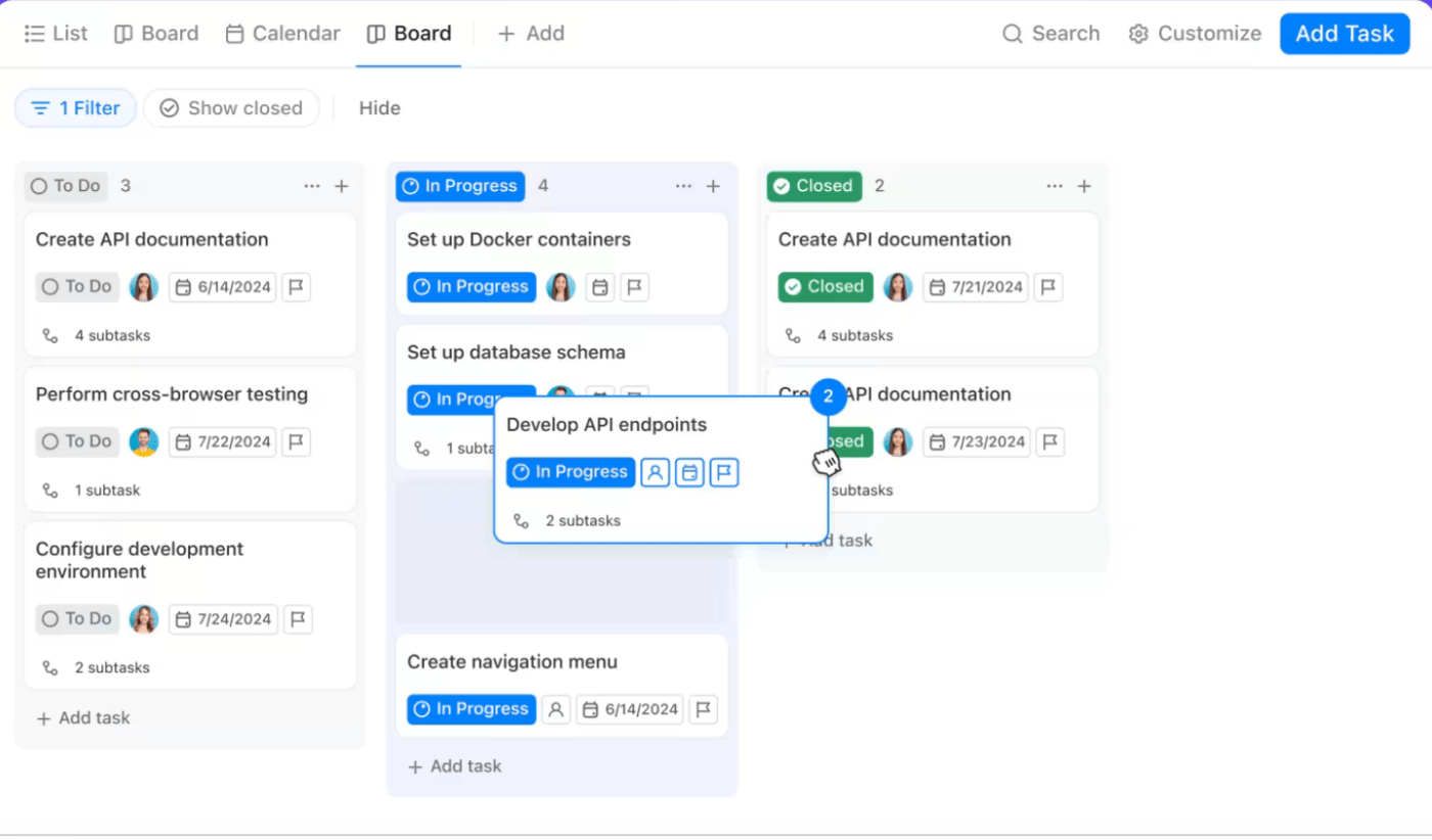 Widok Kanban w ClickUp