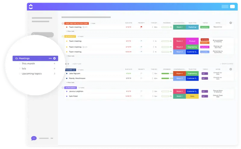 Captura de pantalla de la plantilla de reuniones de ClickUp, que muestra agendas de reuniones organizadas con secciones para reuniones de equipo, tareas y seguimiento del progreso. La plantilla incluye funciones como la duración estimada de los debates, la propiedad de las tareas y los documentos adjuntos, diseñadas para facilitar reuniones estructuradas siguiendo las Reglas de Orden de Robert.  