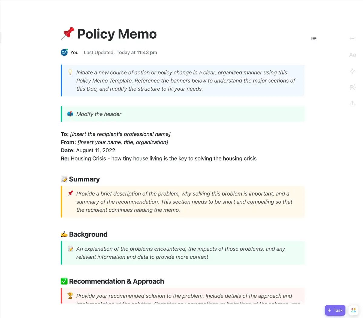 ClickUp’s Policy Memo Template