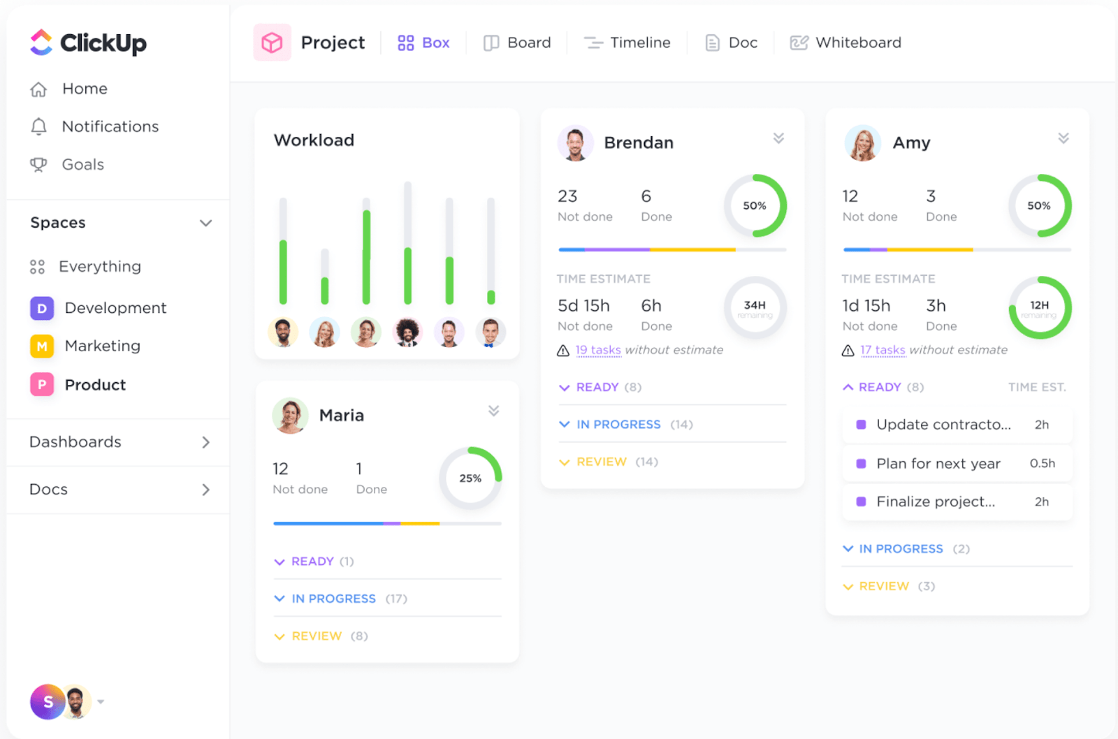 Suivez les tâches, la charge de travail et la productivité de votre équipe avec le modèle de tableau de bord de gestion de projet de ClickUp