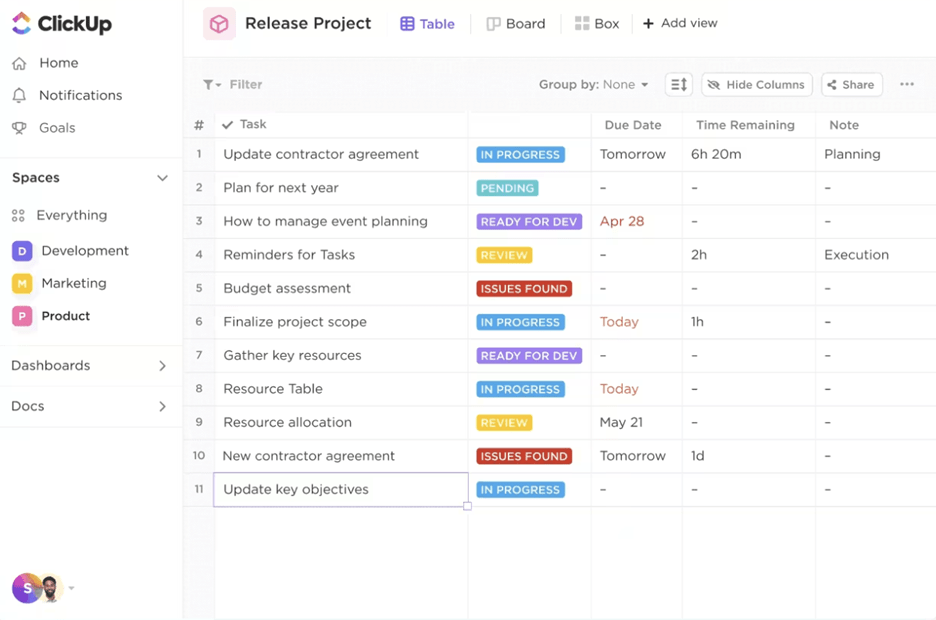 ClickUp’s Table View