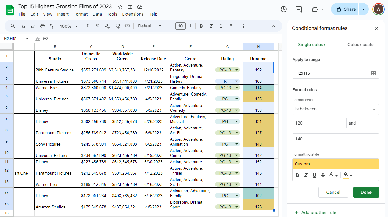 Einstellungen für bedingte Formatierungsregeln