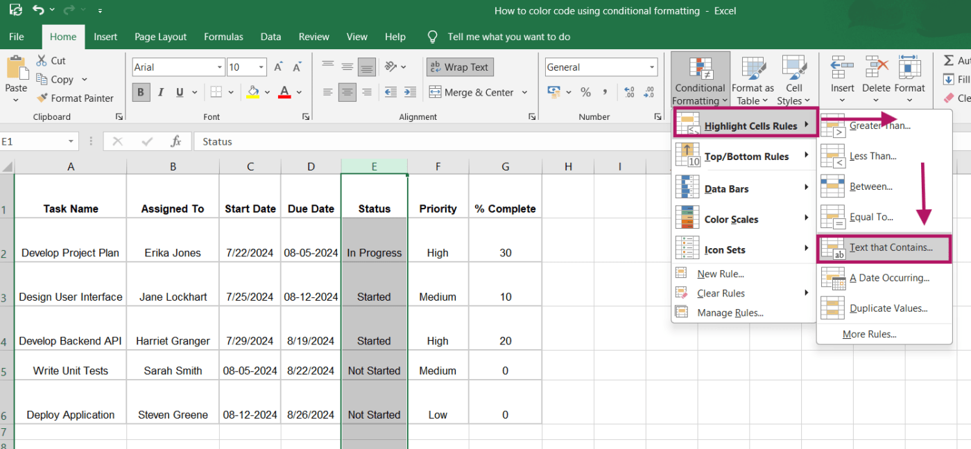 Menu tarik-turun pemformatan bersyarat di Excel