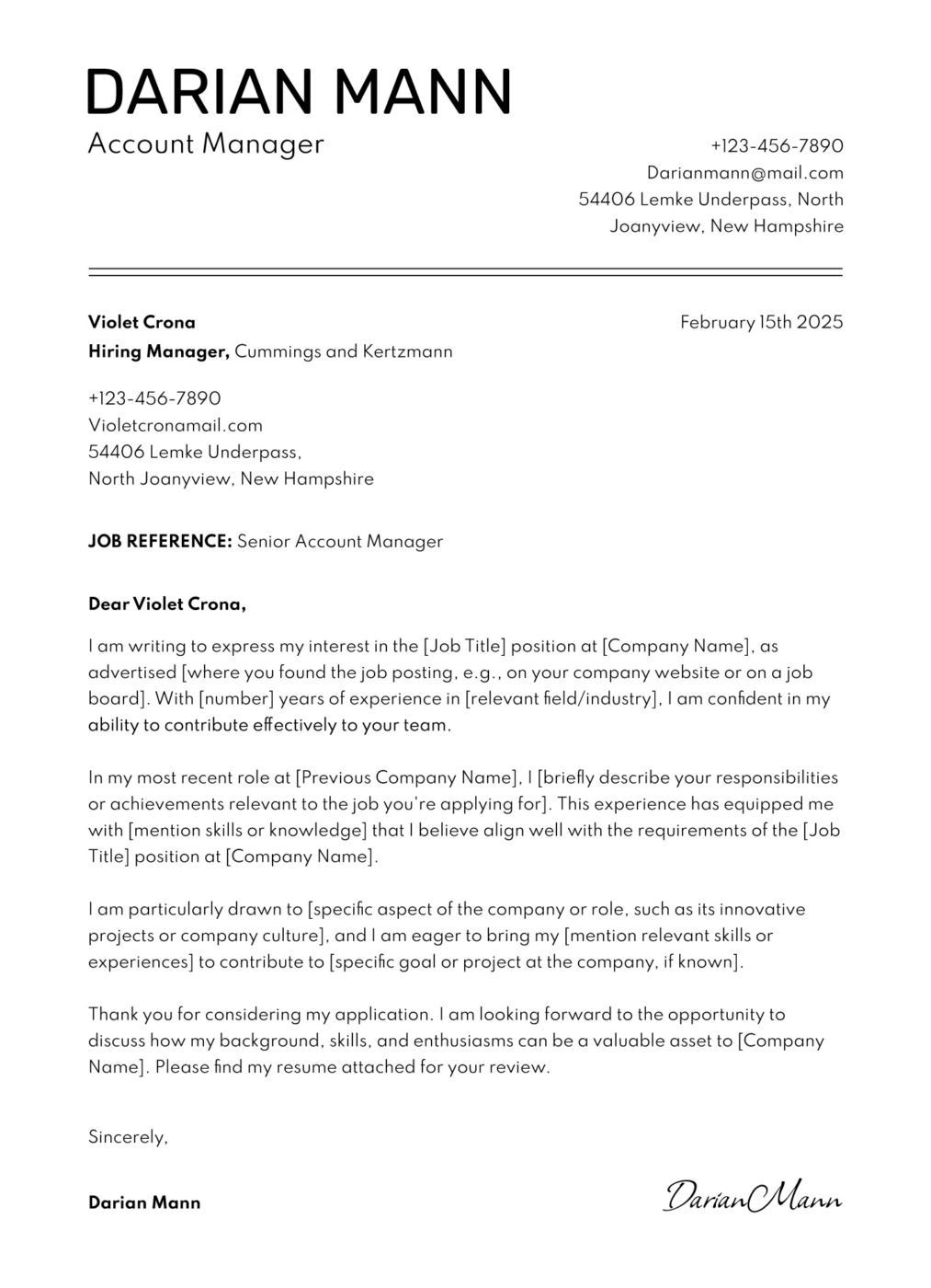 Cover Letter for Resume Template