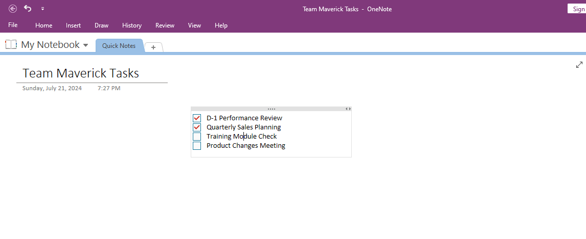 Creating a checklist in OneNote