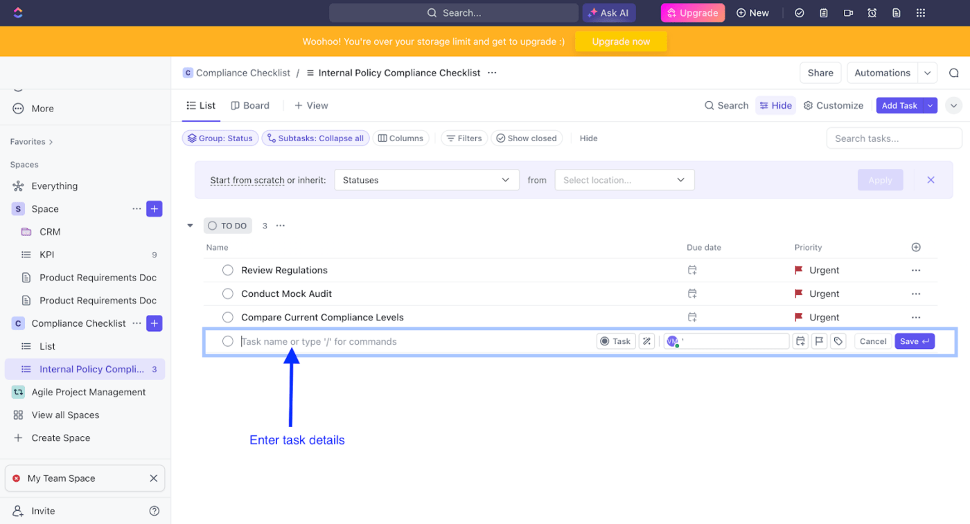 Taken en beschrijvingen maken in ClickUp-taak Checklist