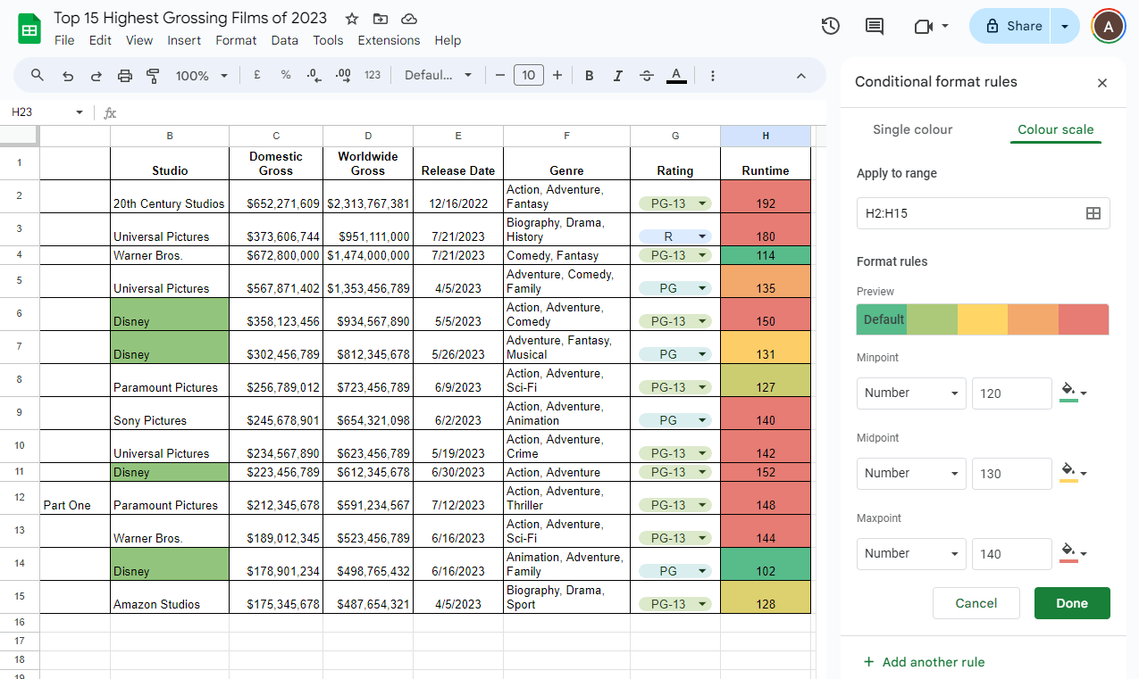 Escala de cores personalizada para formatação no Planilhas Google