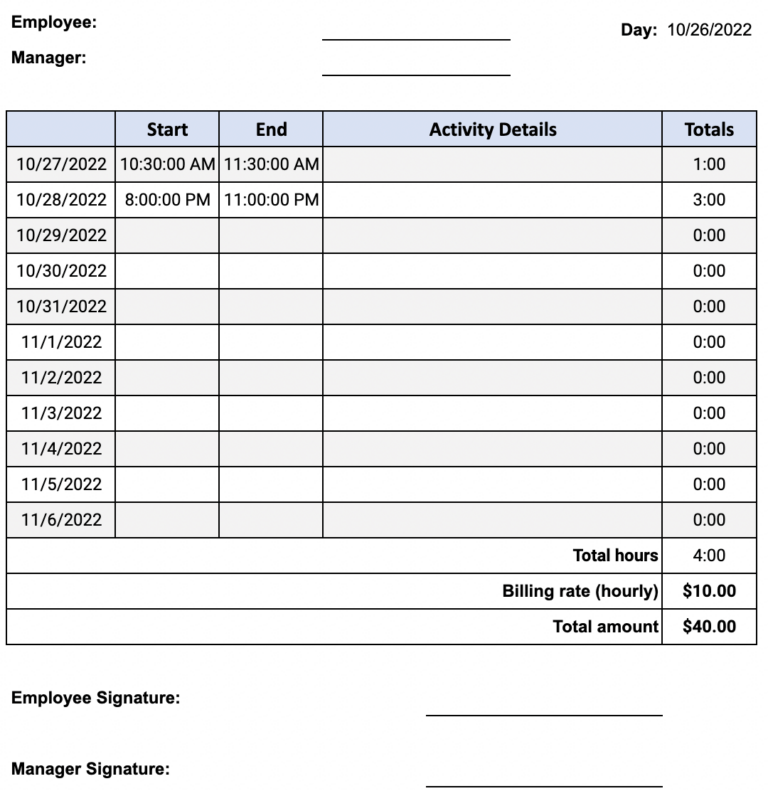 Daily timesheet template