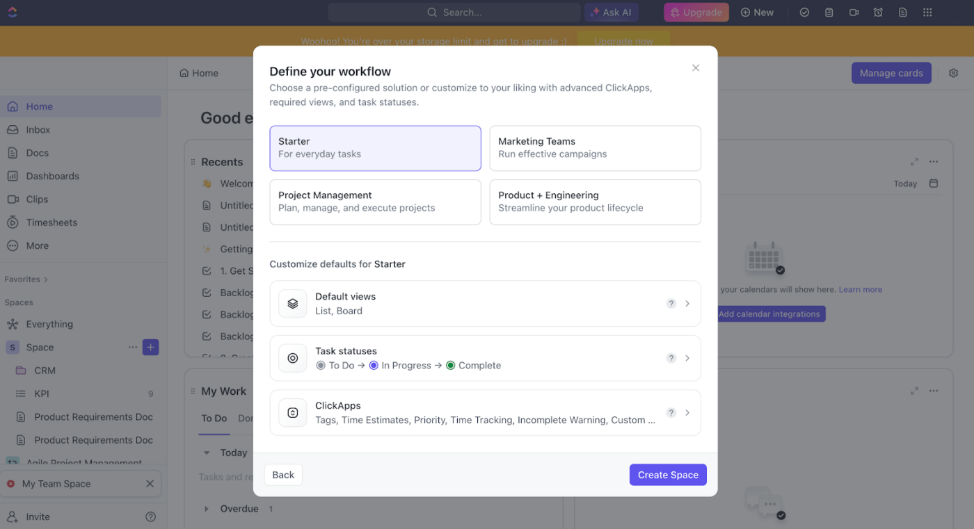 Definir o fluxo de trabalho na lista de verificação de tarefas do ClickUp