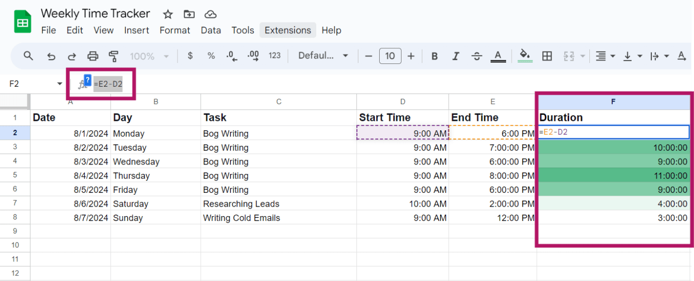 Duration in Google Sheets