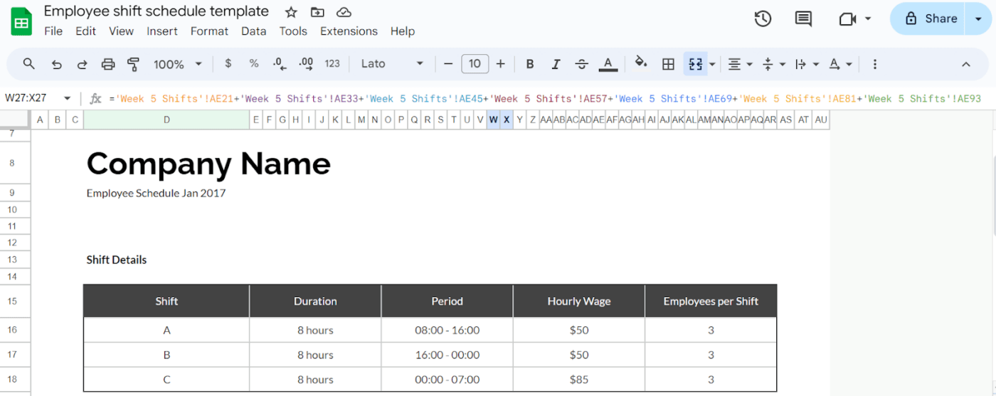 Employee shift schedule template in Google Sheets