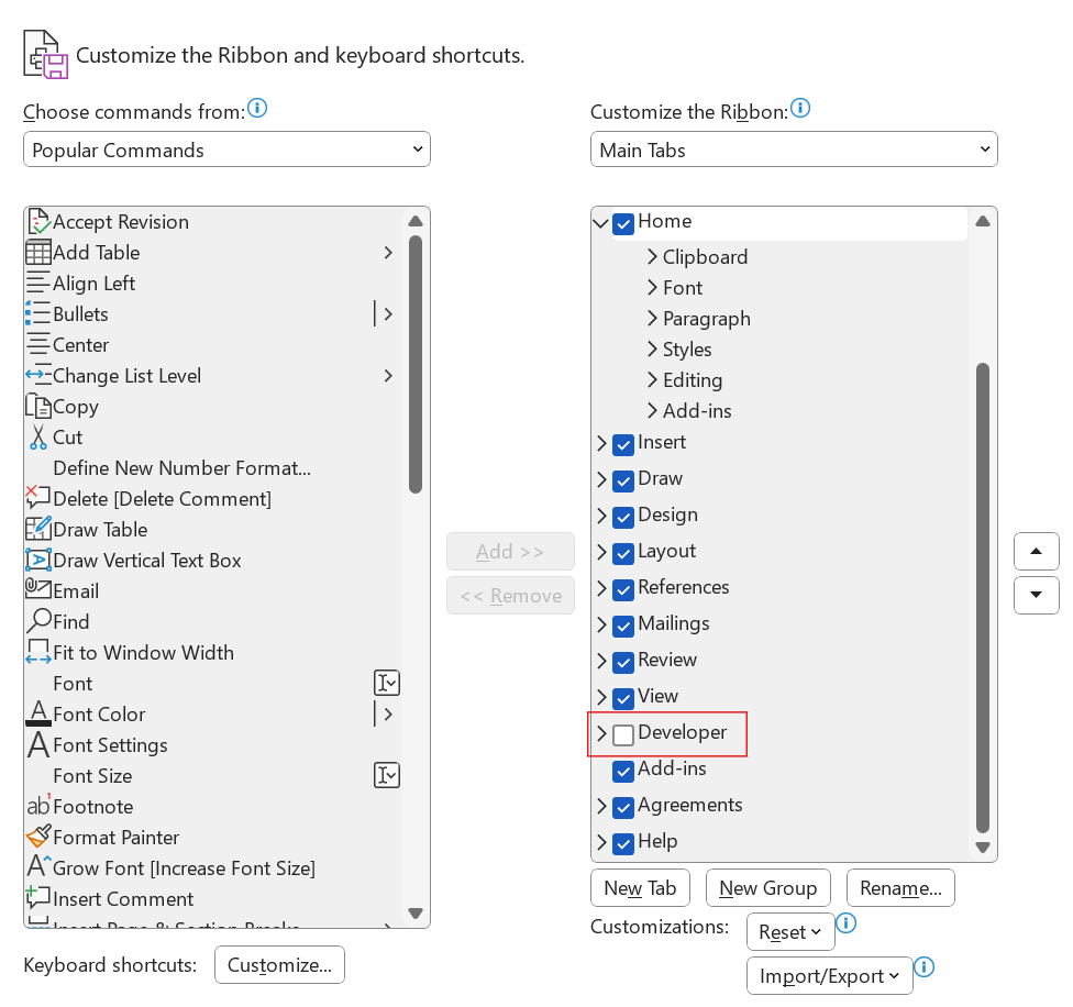 Activación de las opciones "Desarrollador" en Microsoft Word