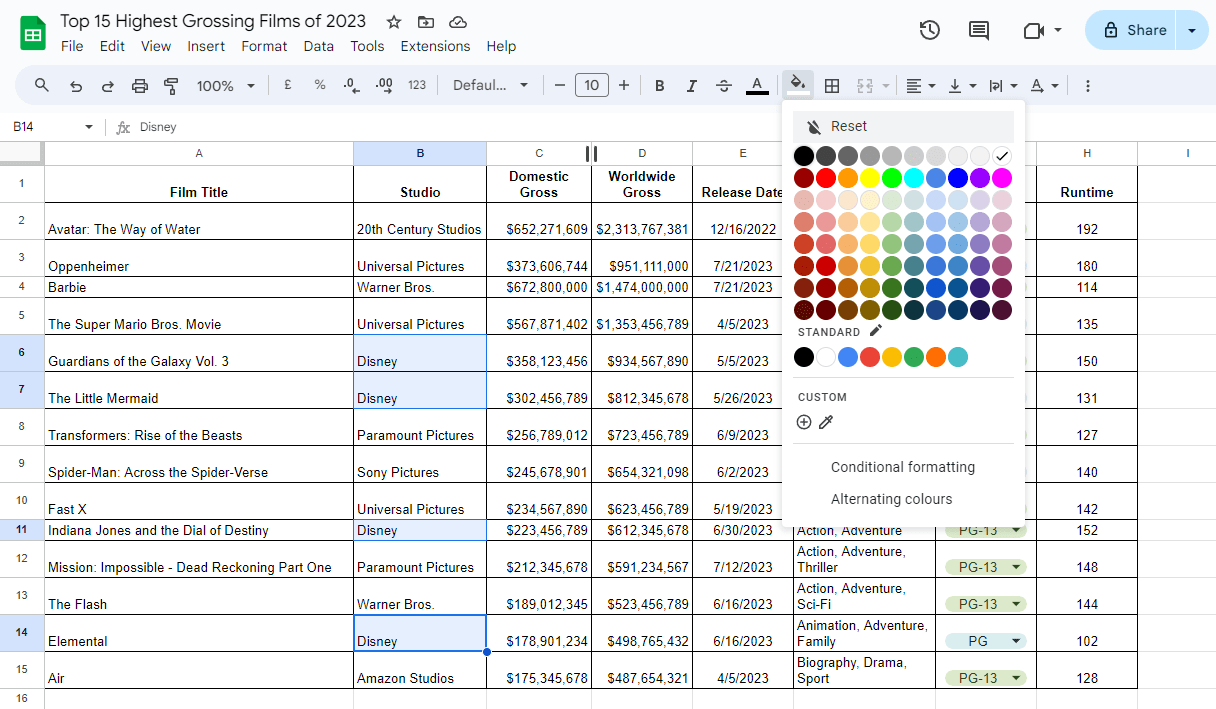 Ferramenta Fill Color e paleta de cores no Planilhas Google