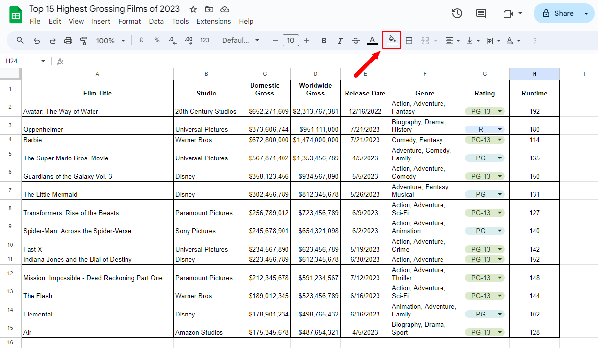 Icône "Couleur de remplissage" dans Google Sheets