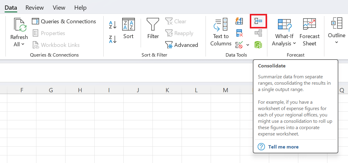 how to merge two Excel spreadsheets: Finding the ‘Consolidate’ function in Excel