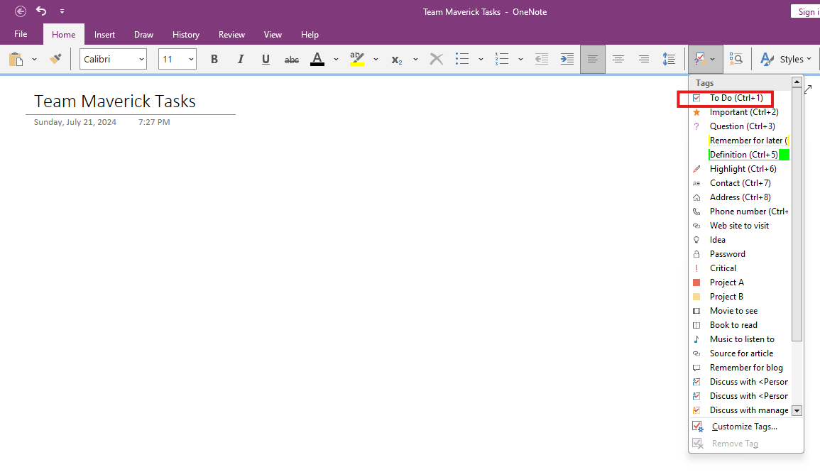 Finding the ‘To-do’ tag from the formatting drop-down menu in OneNote