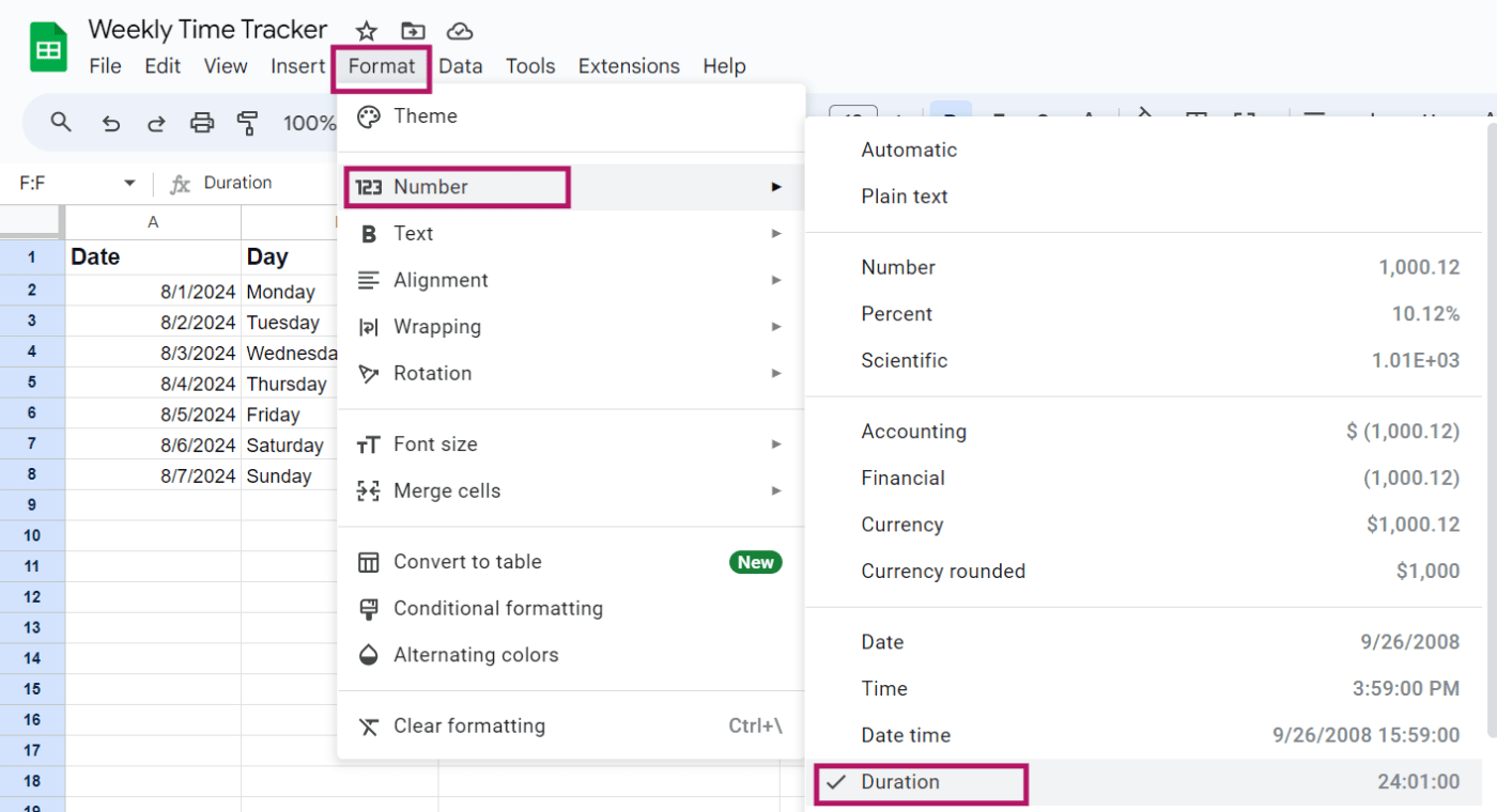 Format options in Google Sheets