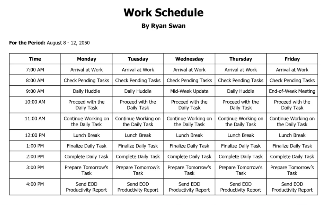 Plantilla de horario de trabajo de Documentos de Google