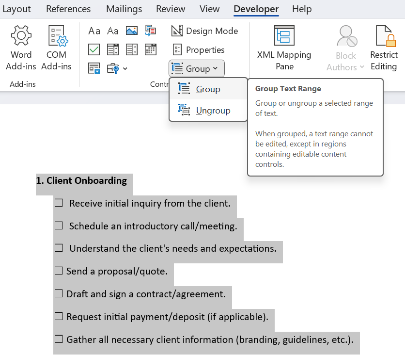 Gruppieren oder Aufheben der Gruppierung eines Textbereichs in MS Word