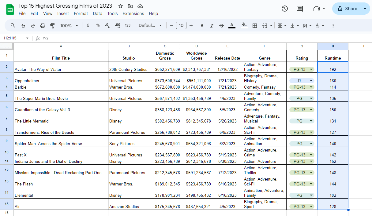 列のセルをハイライトする