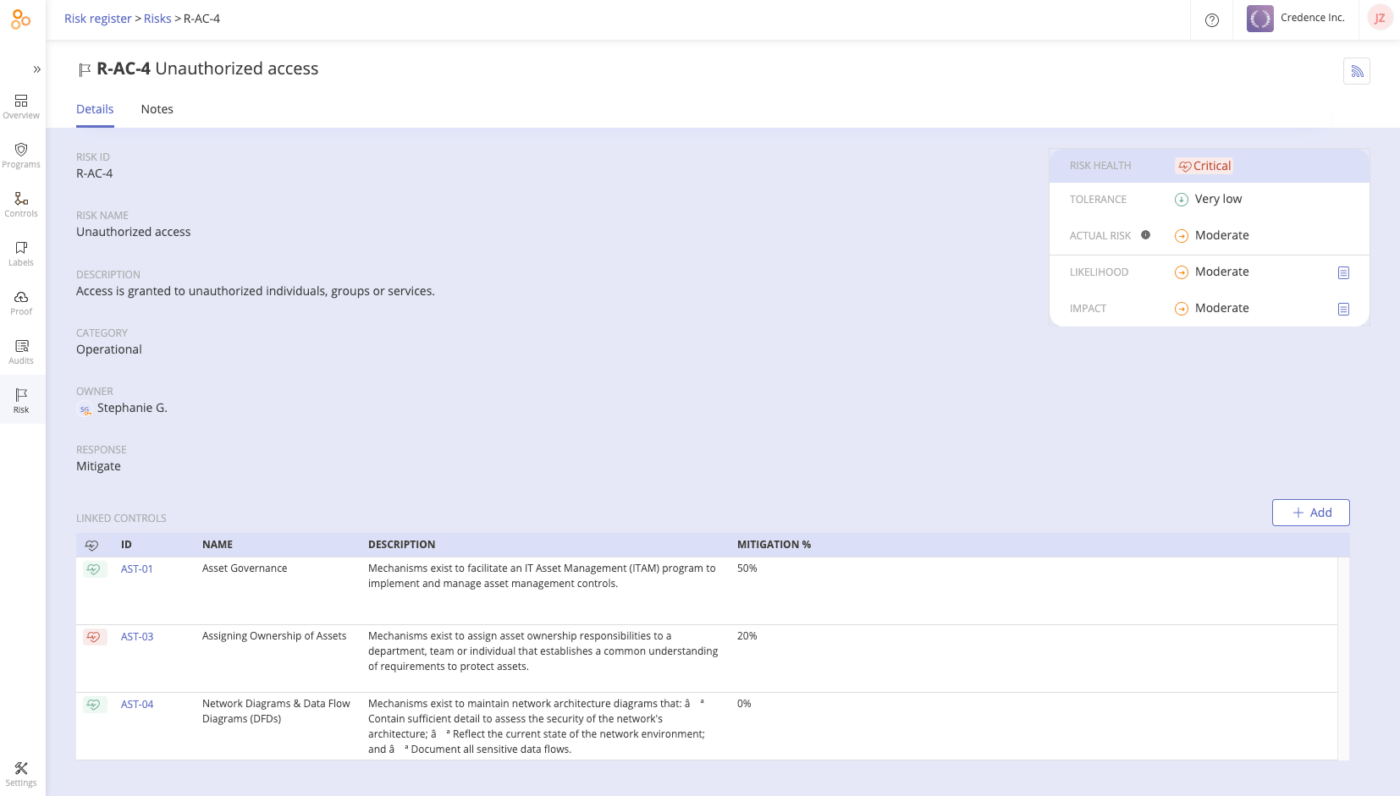 Risicoregistermodule van Hyperproof