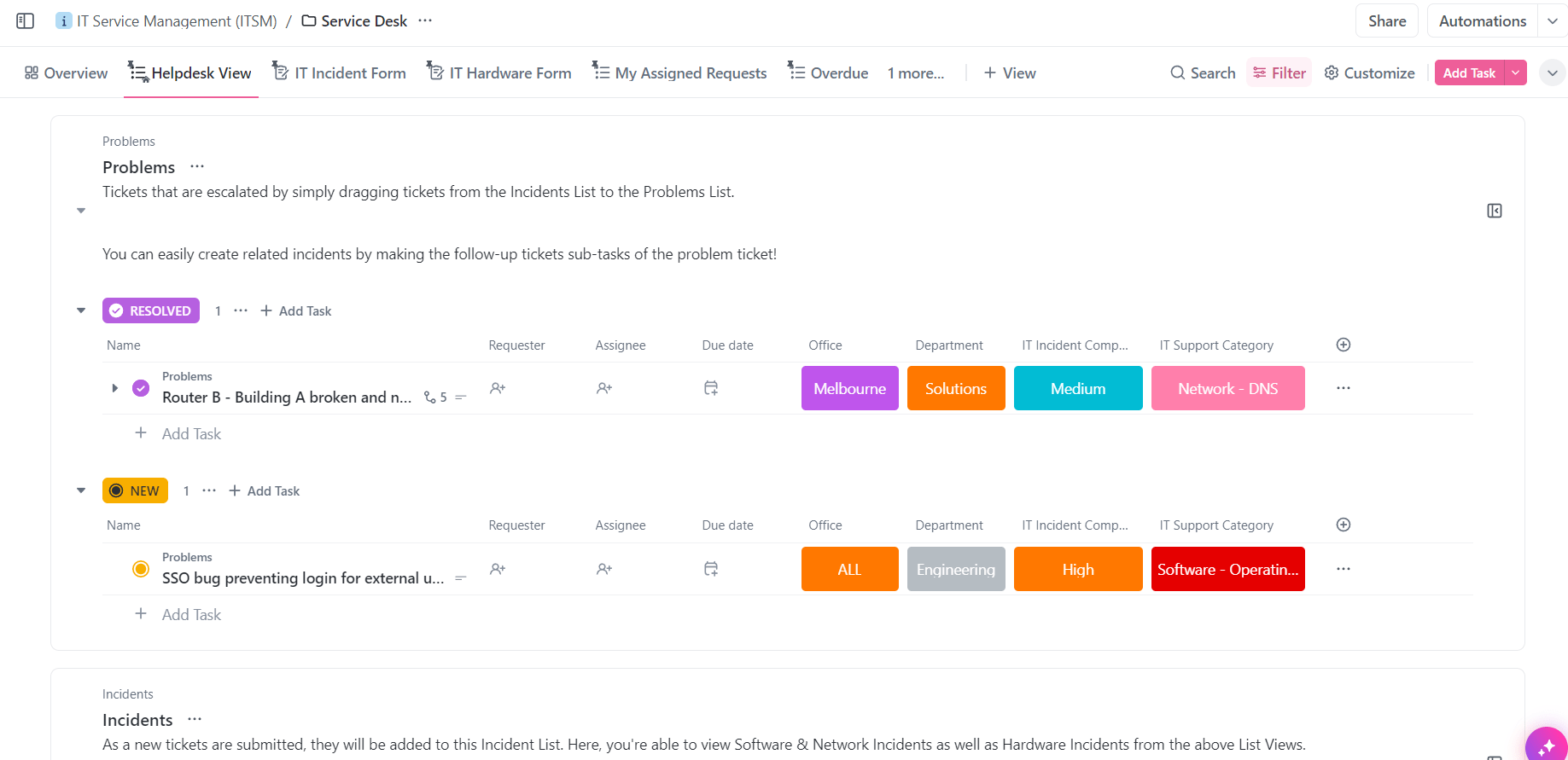 La plantilla de gestión de servicios de TI (ITSM) de ClickUp está diseñada para ayudarle a gestionar el proceso de prestación de servicios de TI a sus clientes.   