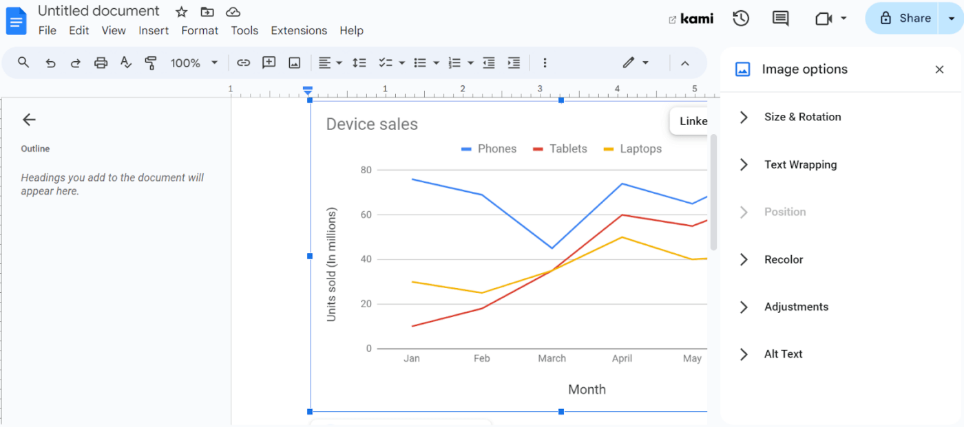 Tworzenie wykresu w Dokumentach Google Krok 6: Opcje obrazu w celu dostosowania wykresu w Dokumentach Google